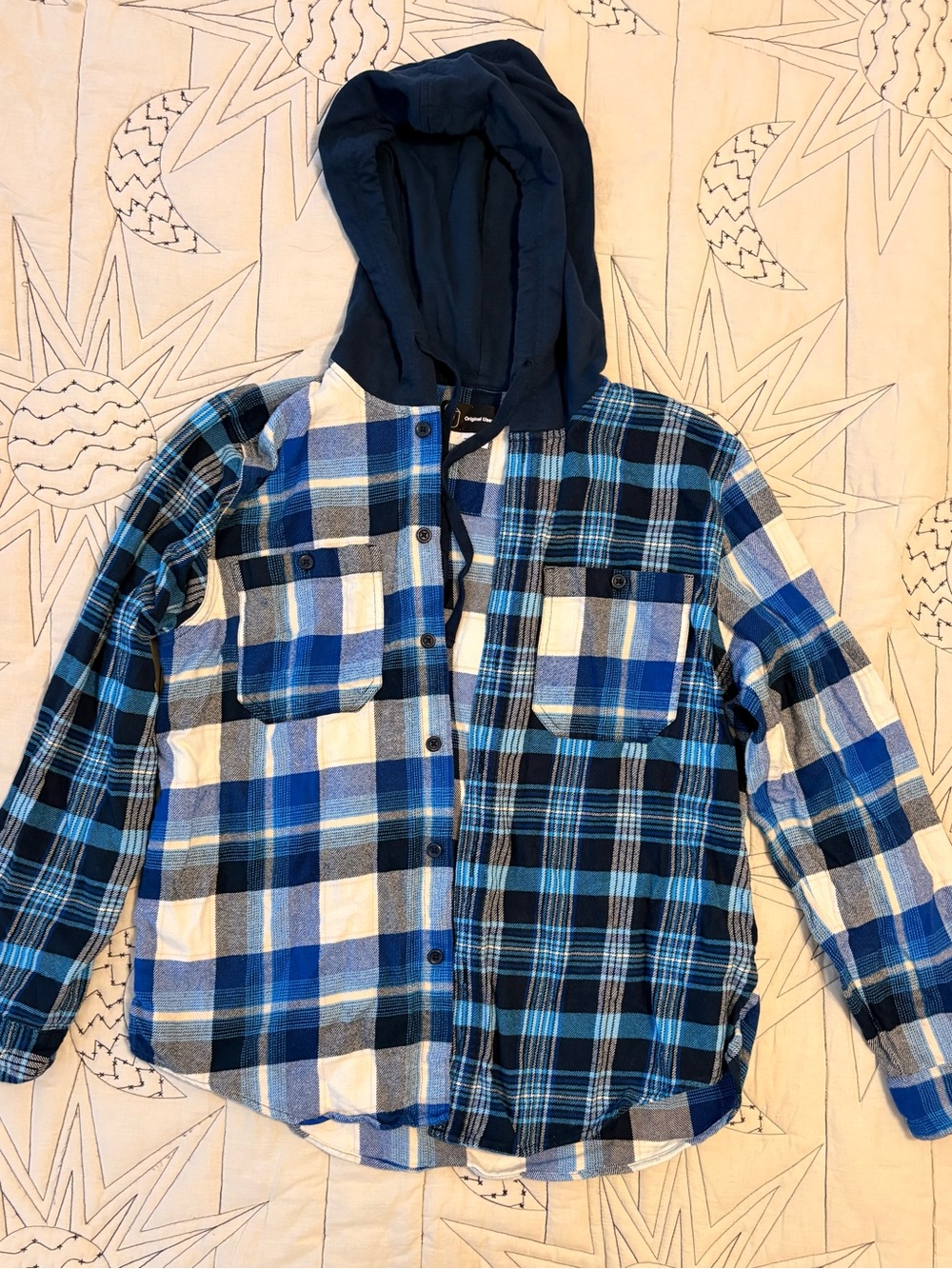 Mixed Blue Plaid Hooded Button Down